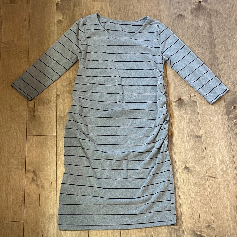 Isabel Maternity Gray and Black Striped Long Sleeve Dress